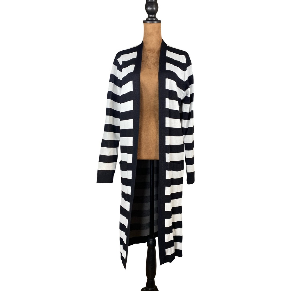 Gabrielle Union Womens Black White Striped Open Front Duster Cardigan Sweater L